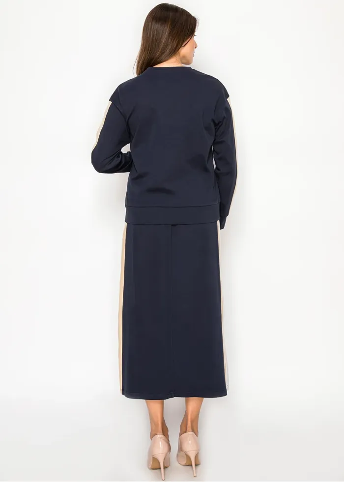 Navy Midi Skirt with Contrast Side Stripe Panel