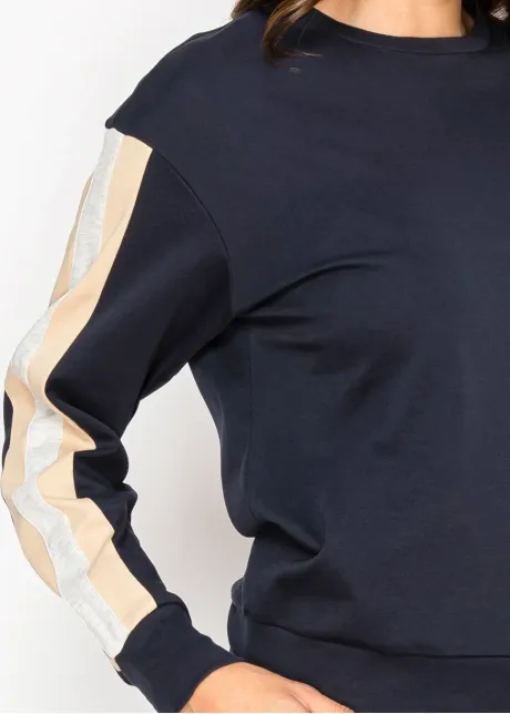 Navy Crew Neck Top with Side Stripe Detail