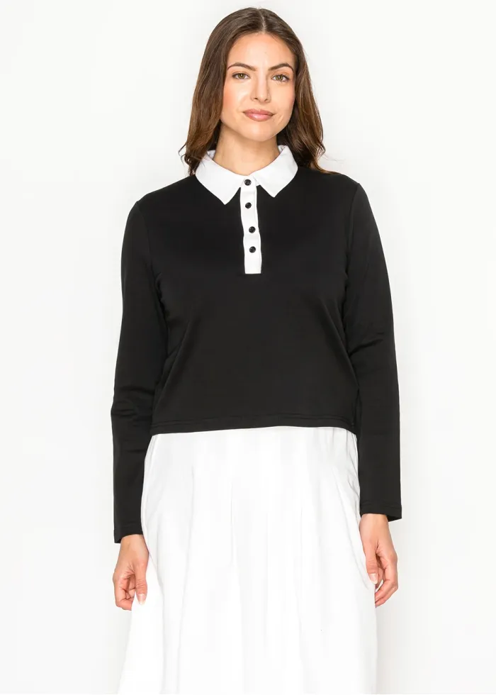Black Tee with White Collar and Button Placket