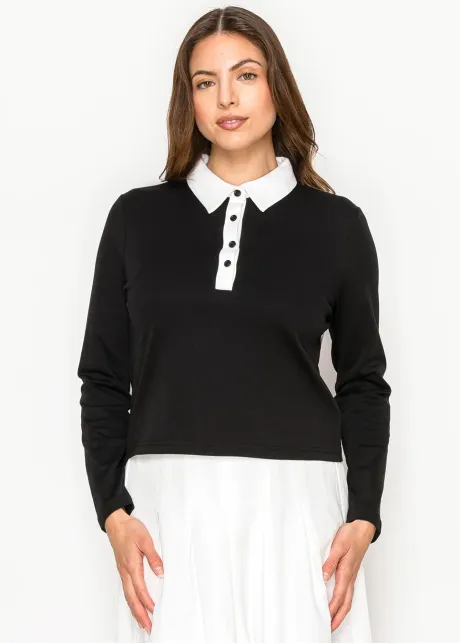 Black Tee with White Collar and Button Placket