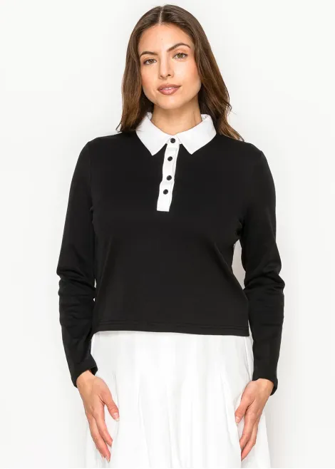 Black Tee with White Collar and Button Placket