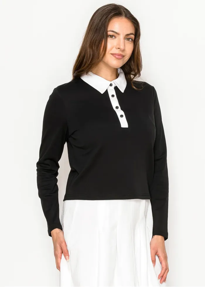 Black Tee with White Collar and Button Placket