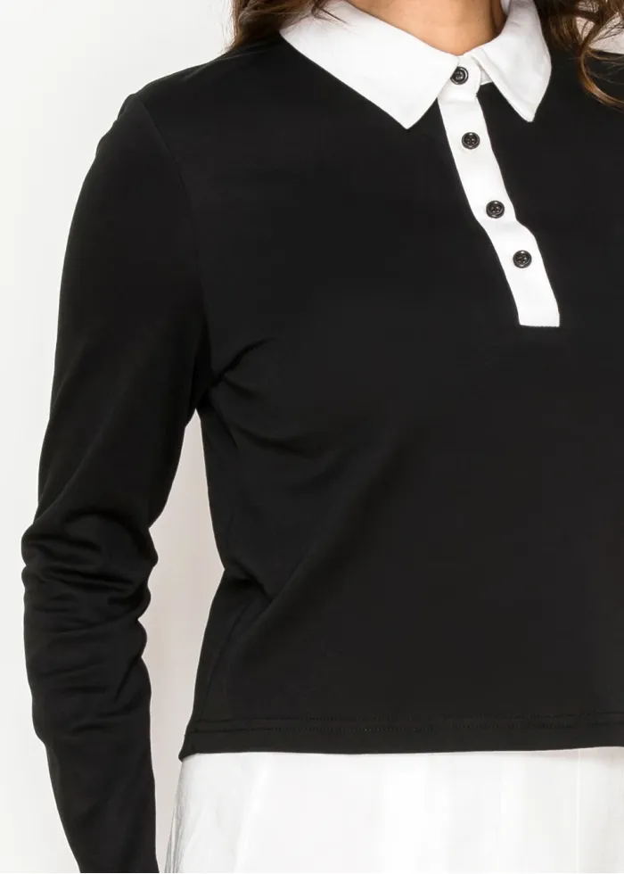 Black Tee with White Collar and Button Placket