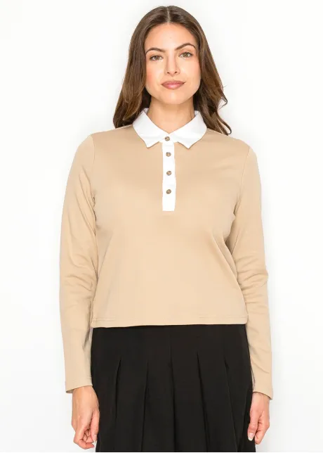 Camel Cotton Polo Long Sleeve Tee