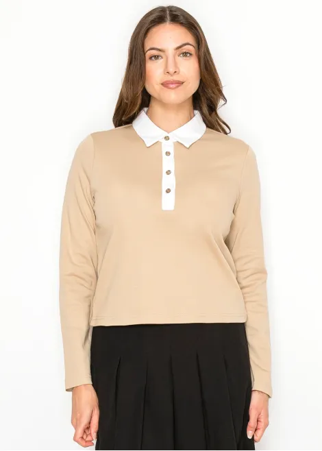 Camel Cotton Polo Long Sleeve Tee