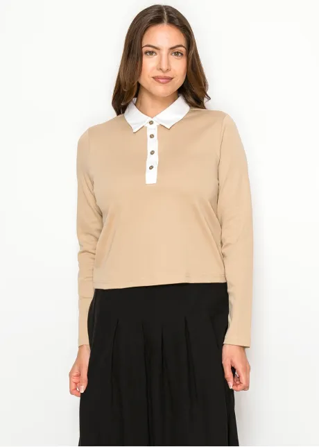 Camel Cotton Polo Long Sleeve Tee