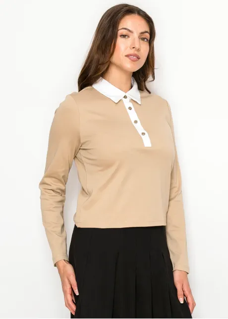 Camel Cotton Polo Long Sleeve Tee