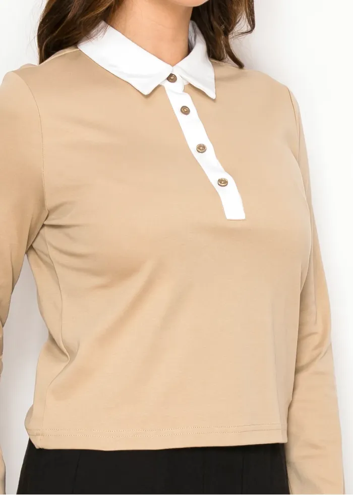 Camel Cotton Polo Long Sleeve Tee