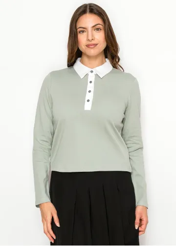 Soft Sage Polo Style Long Sleeve Tee