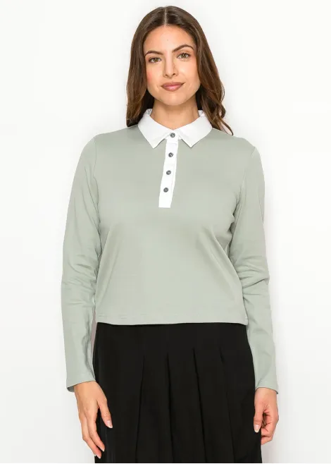 Soft Sage Polo Style Long Sleeve Tee