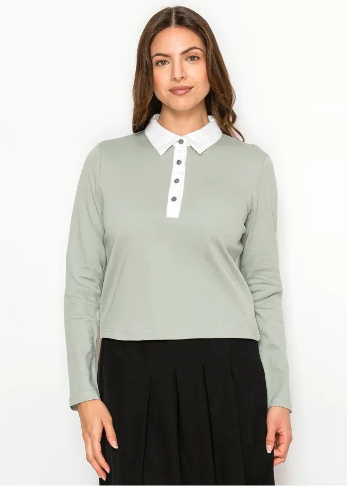 Soft Sage Polo Style Long Sleeve Tee