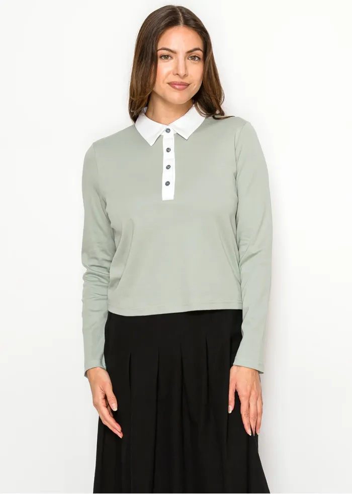 Soft Sage Polo Style Long Sleeve Tee