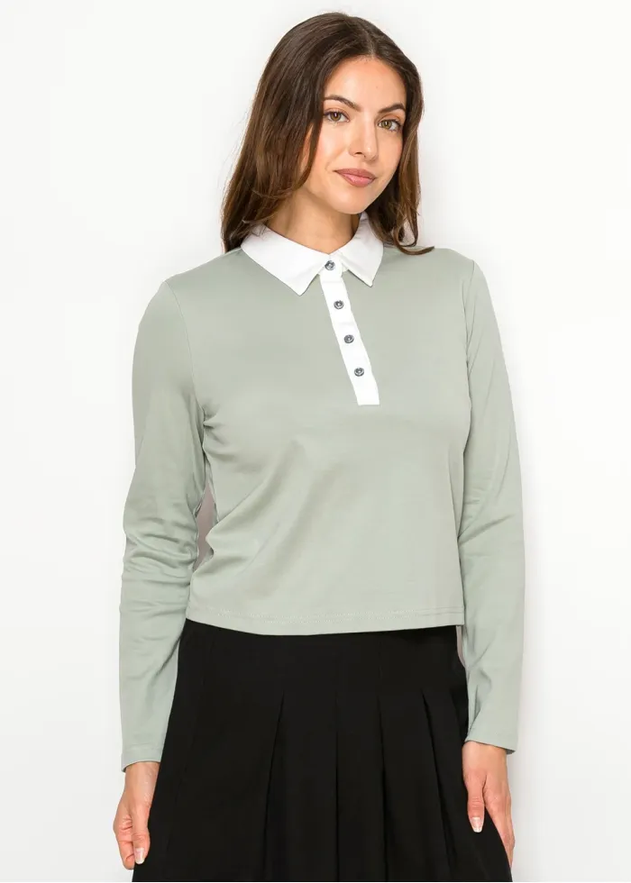 Soft Sage Polo Style Long Sleeve Tee