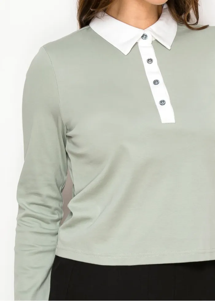 Soft Sage Polo Style Long Sleeve Tee