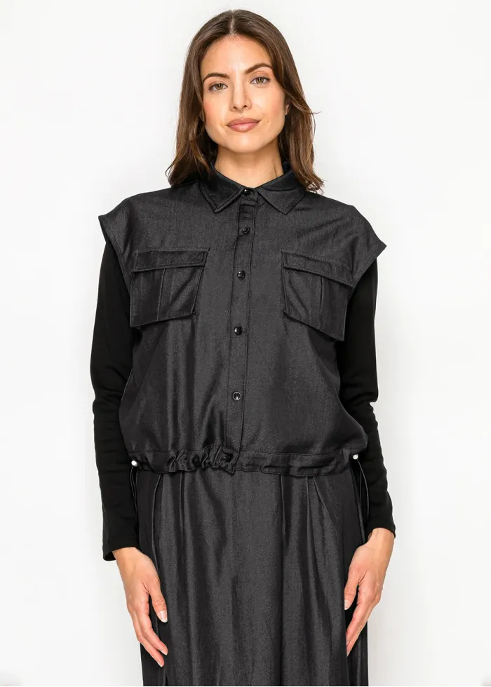 Black Denim Vest Top with Drawstring Hem