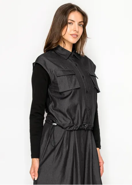 Black Denim Vest Top with Drawstring Hem
