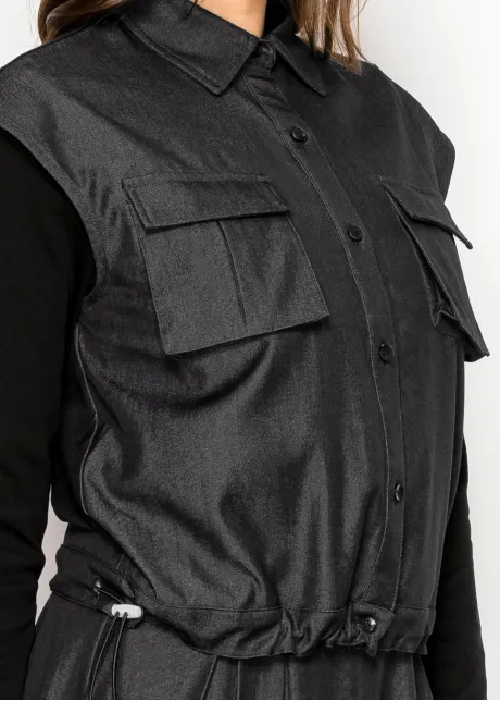 Black Denim Vest Top with Drawstring Hem