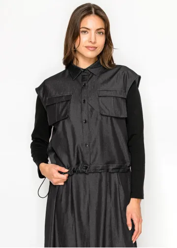 Black Denim Vest Top with Drawstring Hem