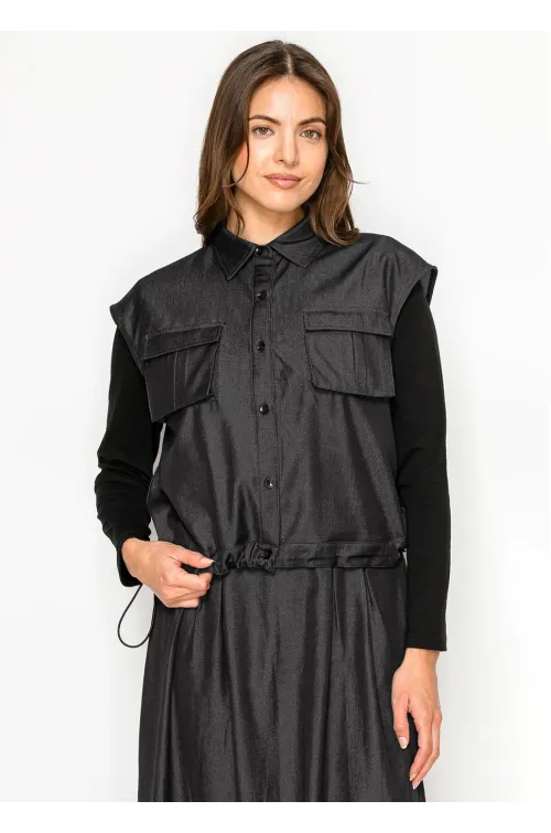Black Denim Vest Top with Drawstring Hem