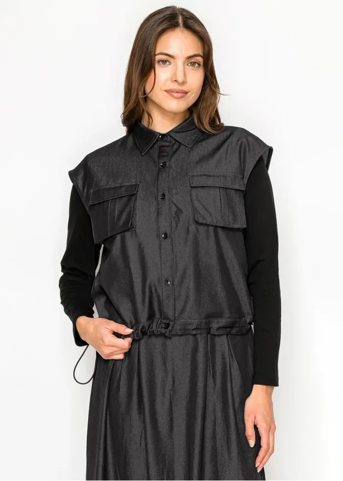 Black Denim Vest Top with Drawstring Hem