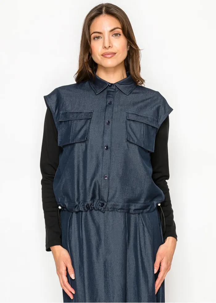 Navy Sleeveless Shirt with Drawstring Waist