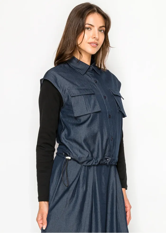 Navy Sleeveless Shirt with Drawstring Waist