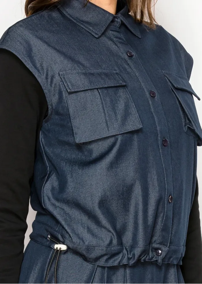 Navy Sleeveless Shirt with Drawstring Waist