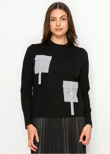 Black Cotton Tee with Pinstripe Pocket