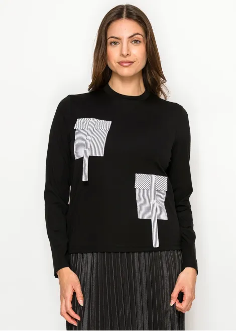 Black Cotton Tee with Pinstripe Pocket