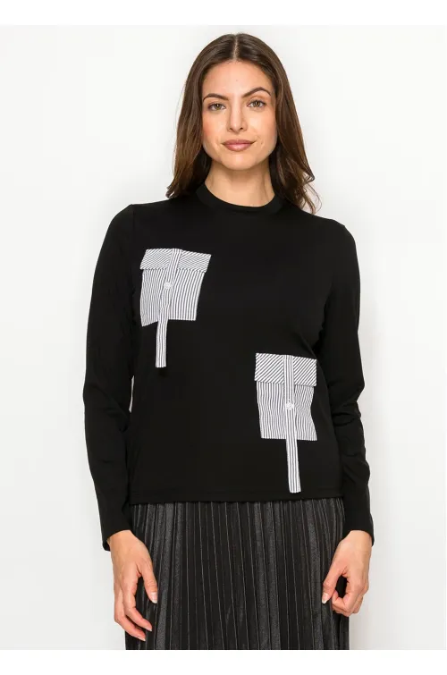 Black Cotton Tee with Pinstripe Pocket