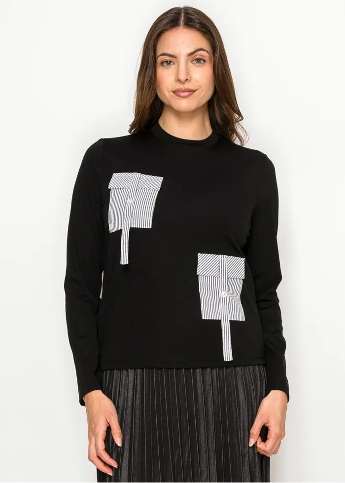 Black Cotton Tee with Pinstripe Pocket