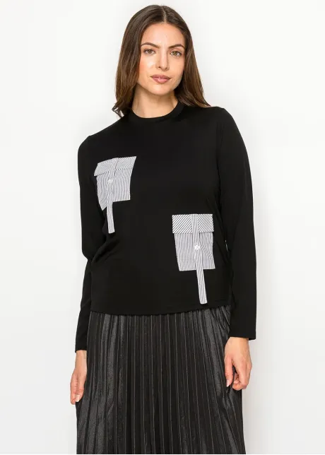 Black Cotton Tee with Pinstripe Pocket