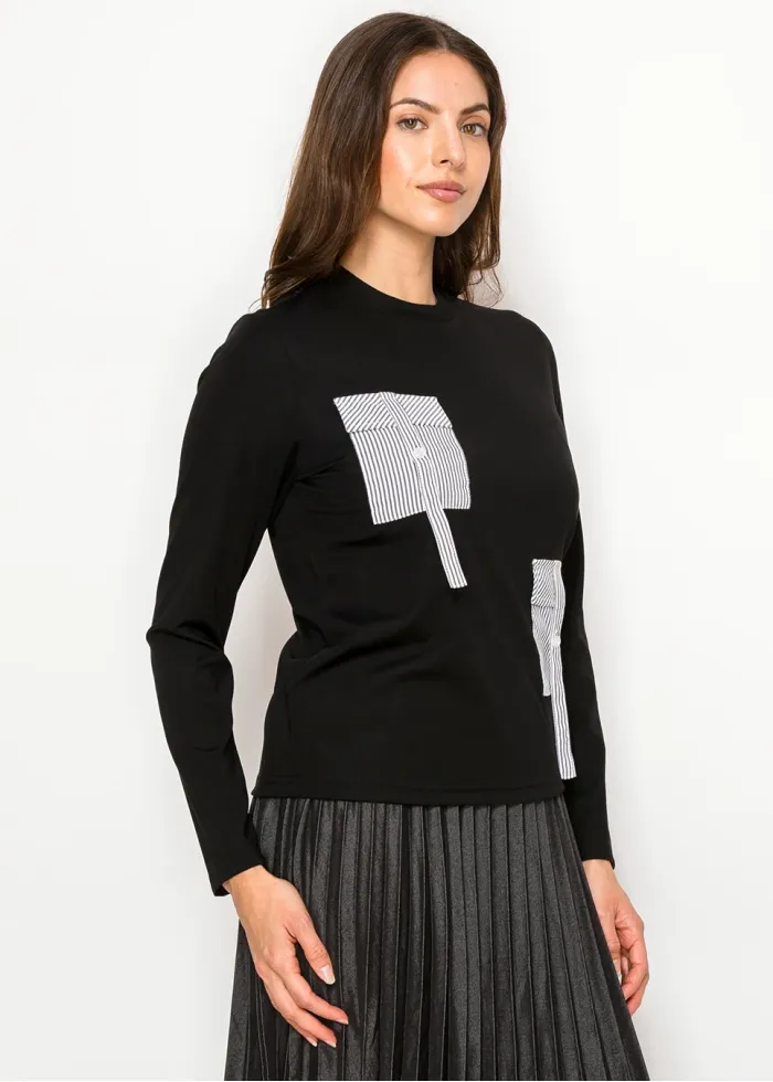 Black Cotton Tee with Pinstripe Pocket