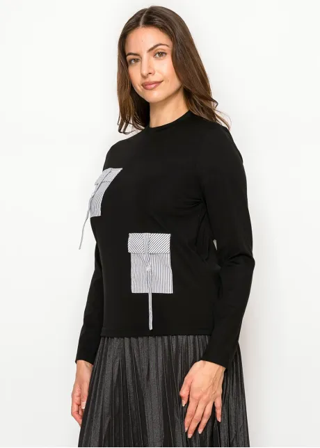 Black Cotton Tee with Pinstripe Pocket