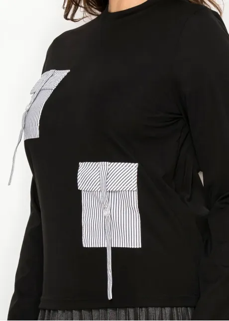 Black Cotton Tee with Pinstripe Pocket