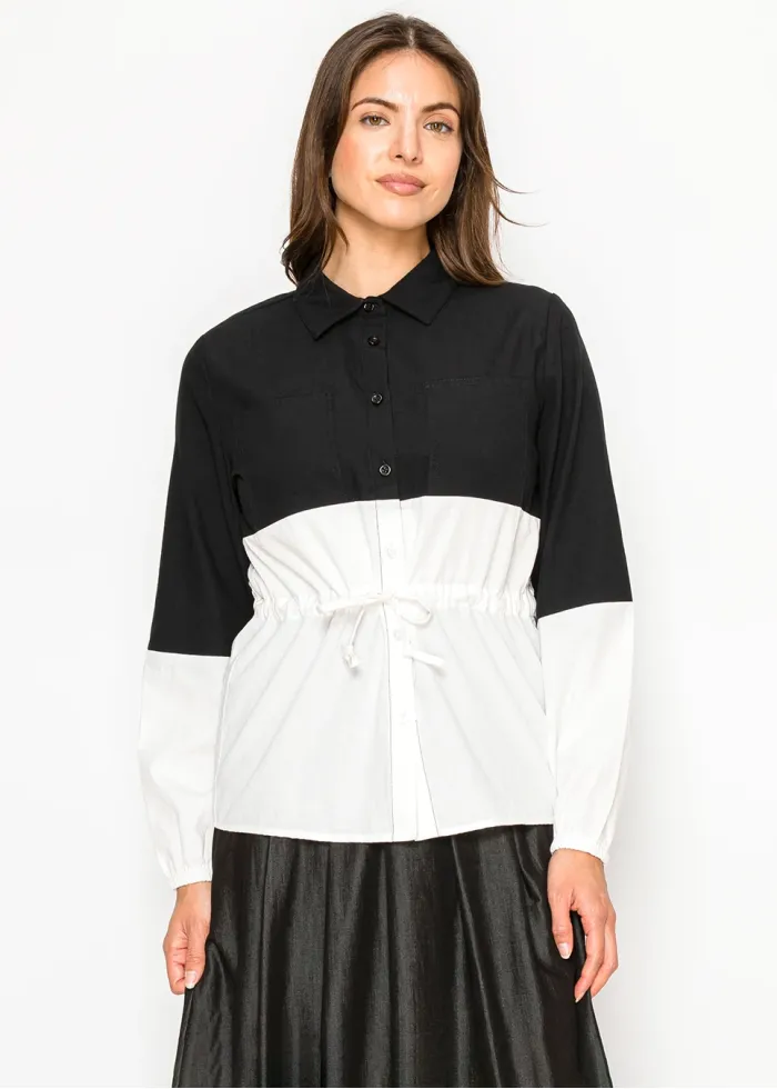 Two-Tone Button-Front Blouse — Black & White