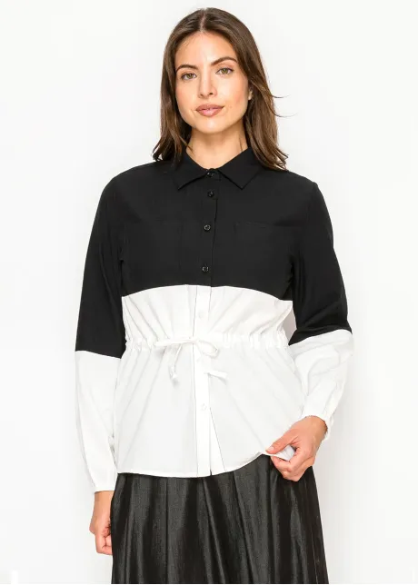 Two-Tone Button-Front Blouse — Black & White