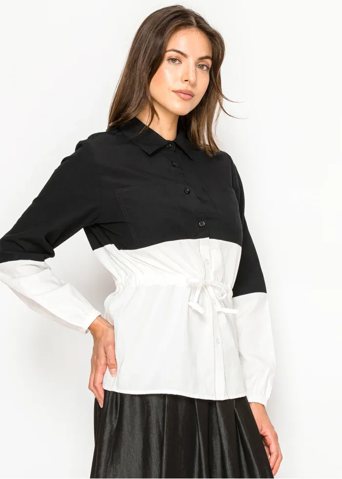 Two-Tone Button-Front Blouse — Black & White