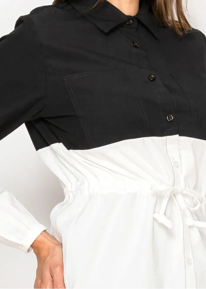 Two-Tone Button-Front Blouse — Black & White