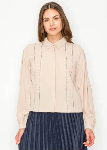 Beige Blouse with Multicolor Stitching