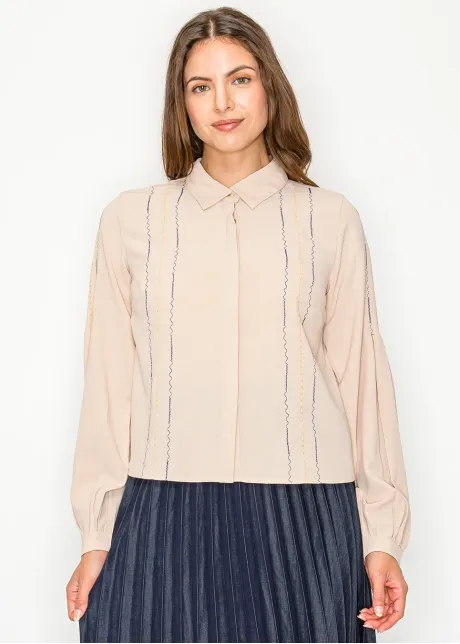 Beige Blouse with Multicolor Stitching