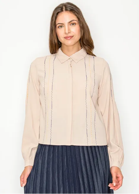 Beige Blouse with Multicolor Stitching