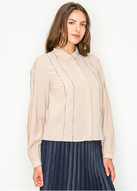 Beige Blouse with Multicolor Stitching