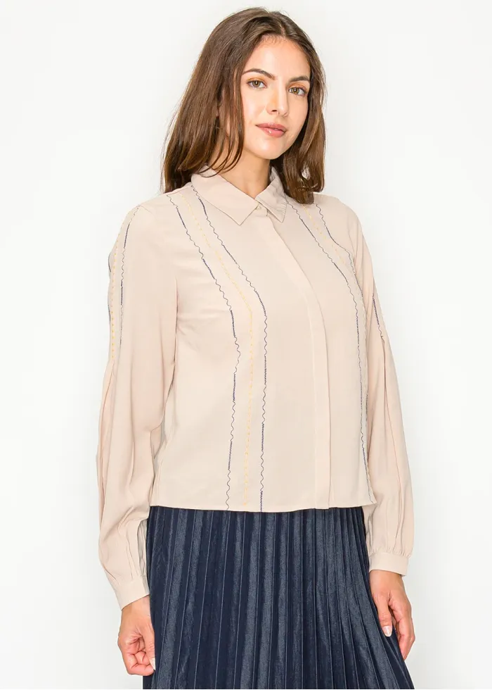 Beige Blouse with Multicolor Stitching