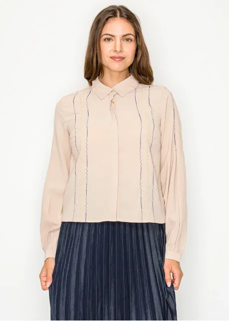 Beige Blouse with Multicolor Stitching