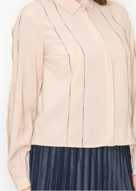 Beige Blouse with Multicolor Stitching