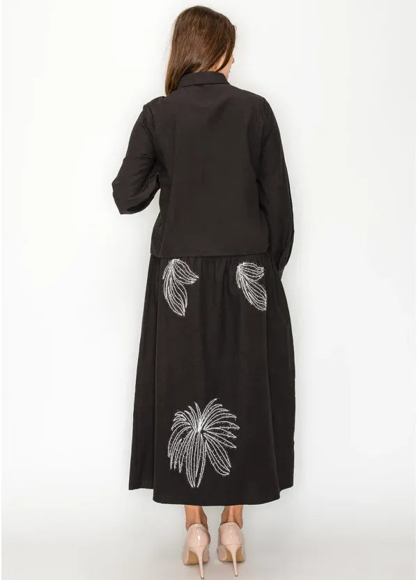 Black Embroidered Blouse and Midi Skirt Set