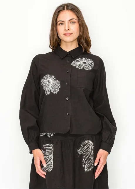 Black Blouse with Abstract Embroidered Motifs