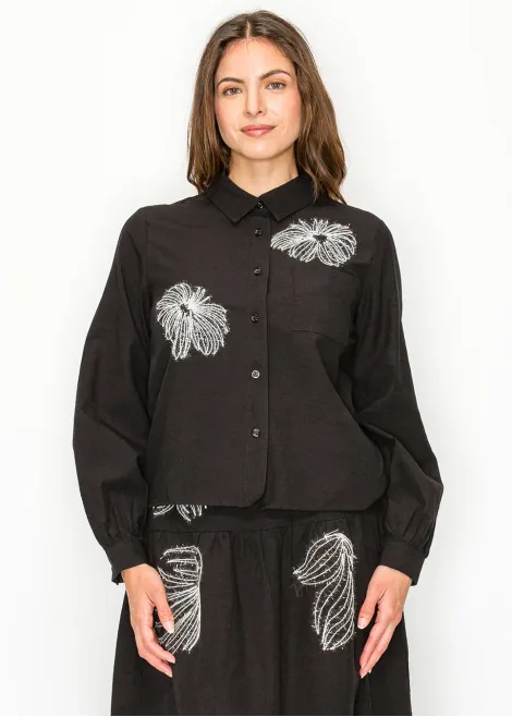 Black Blouse with Abstract Embroidered Motifs