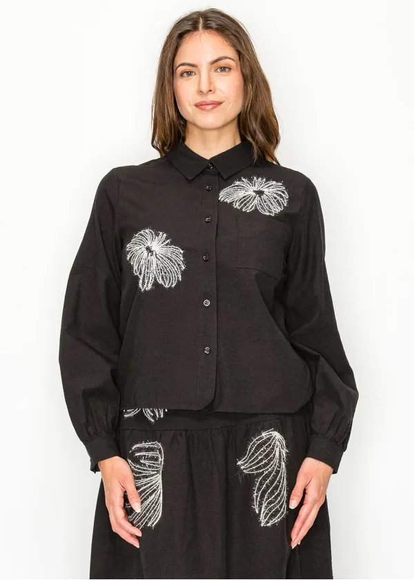 Black Blouse with Abstract Embroidered Motifs